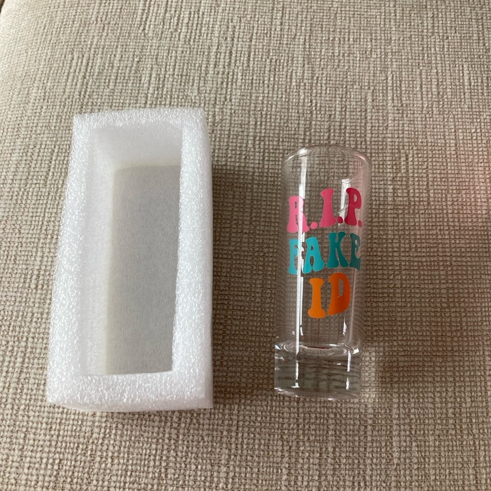NWT 21 birthday glass novelty shot glass cup R.I.P fake id pink Orange blue